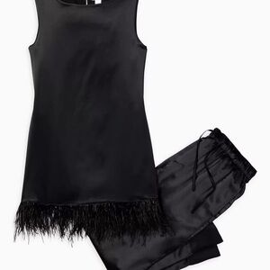 Petite Plume 100% silk two-piece black pajama lounge feather pants blouse tunic